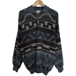 Vintage Sweater Men M/L Blue Brown 90s Geometric Aztec Polo Collar Wool Blend